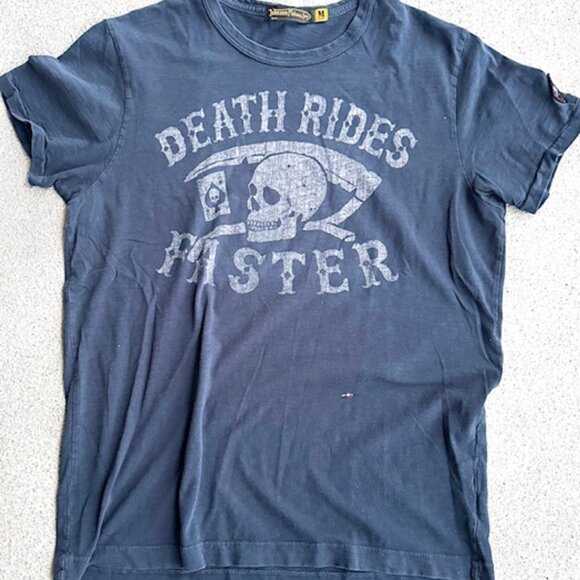 Johnson Motors Death Rides Faster distressed M Faded Black Shirt NWOT - Picture 1 of 5